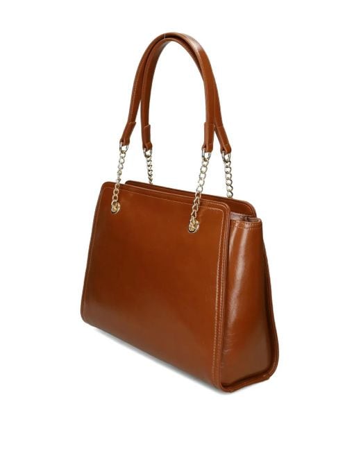Love Moschino Brown Logo-Plaque Studded Shoulder Bag