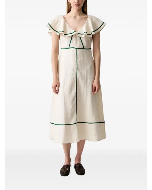 Pedro Del Hierro Madrid Natural Ruffled Contrast-Trim Midi Dress