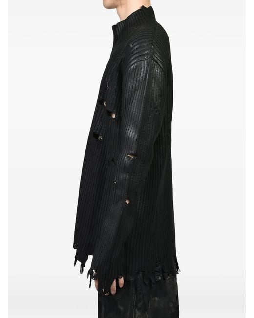 FILTH Black Waxed Distressed-Knit Cardigan for men