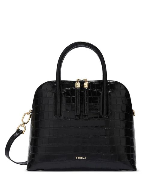 Furla Black S Atmosfera Dome Croc-Effect Leather Tote Bag