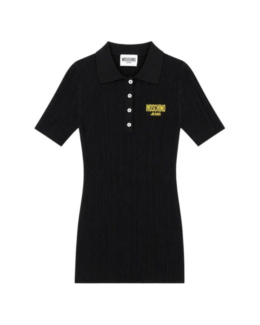 Moschino Black Ribbed-Knit Logo-Embroidered Polo Shirt
