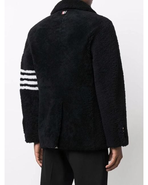 Thom Browne Black 4-Bar Stripe Shearling Peacoat for men