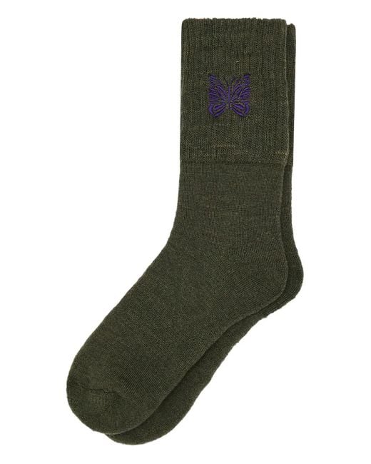 Needles Green Butterfly-Embroidered Wool Socks for men