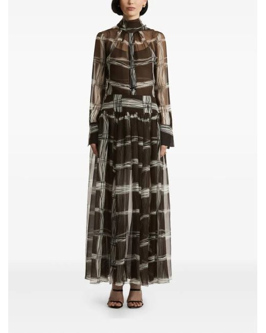 Oscar de la Renta Green Pleated Wavy-Plaid Silk Maxi Dress