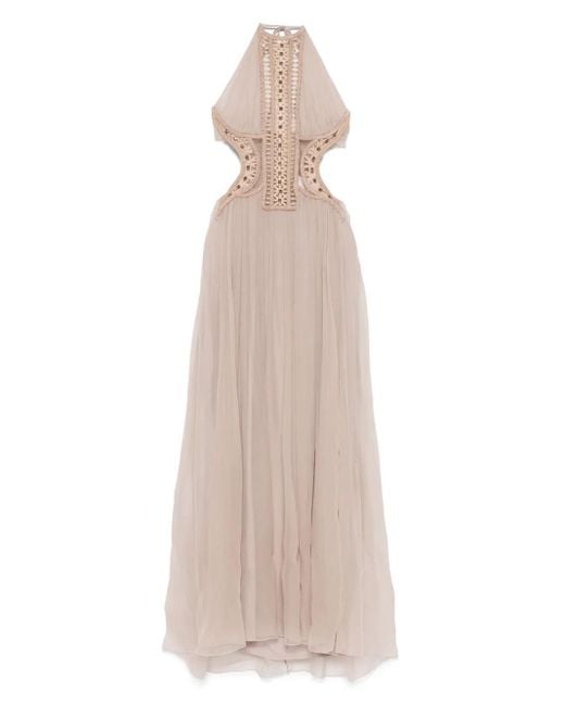 Alberta Ferretti Natural Embroidered Tulle Maxi Dress