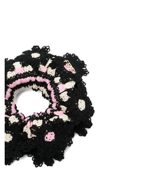 Fendi Black Crochet Floral-Patch Scrunchie