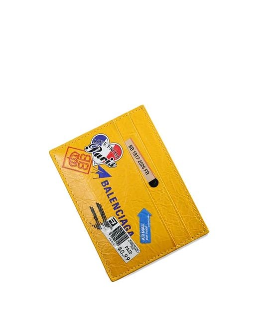 Balenciaga Yellow Stamp-Print Crinkled-Leather Card Holder for men