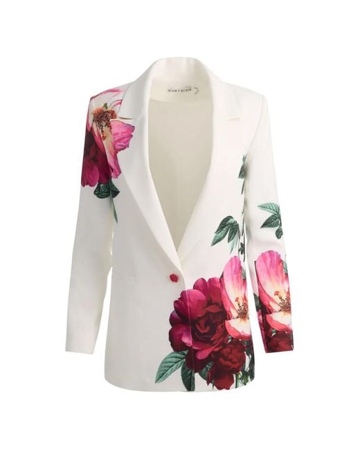 Alice + Olivia White Denny Boyfriend Notch-Collar Floral Blazer