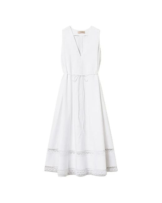 Twinset White Lace-Trimmed V-Neck Midi Dress