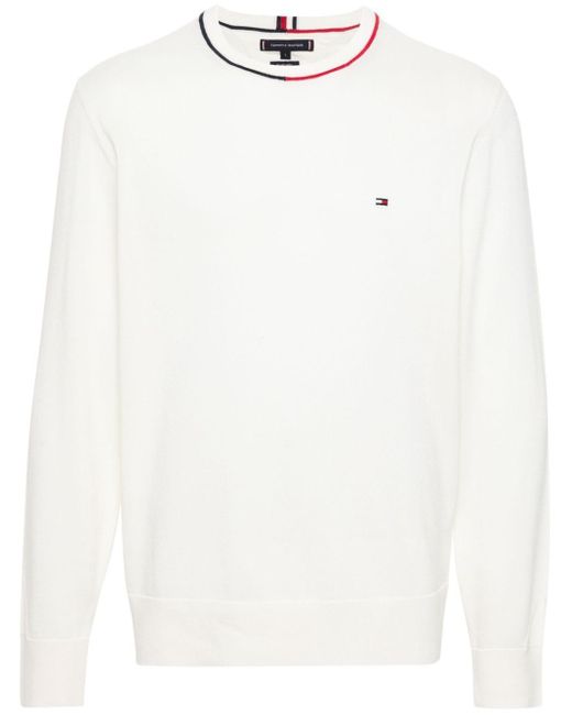 Tommy Hilfiger White Embroidered-logo Fine-knit Jumper for men