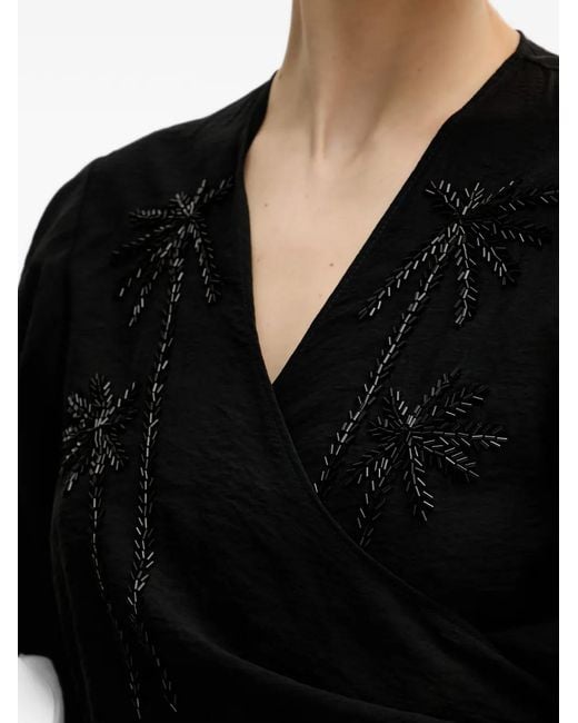 Lola Casademunt Black Beaded-Palm-Tree Wrap-Design Top
