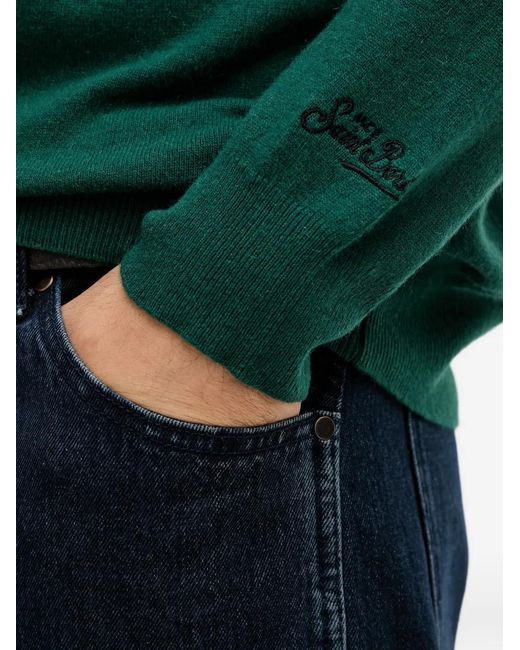 Mc2 Saint Barth Green Lettering-Embroidered Round-Neck Sweater for men