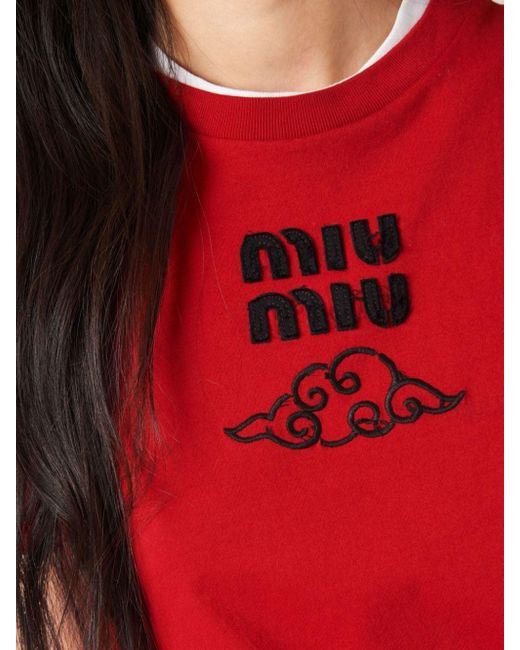 Miu Miu T-shirt Met Geborduurd Logo in het Red