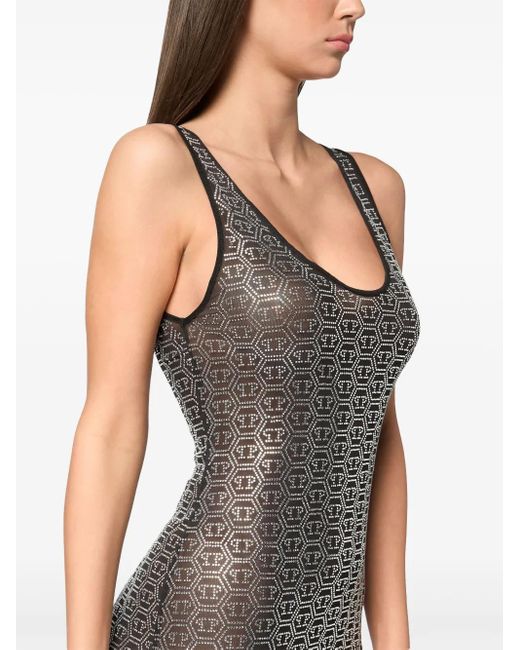 Philipp Plein Gray Crystal-Monogram Maxi Dress
