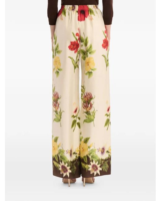 Oscar de la Renta White Dominican Mixed-Floral Wide Leg Pant