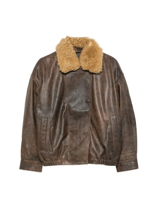 R13 Brown Shearling-Collar Leather Jacket