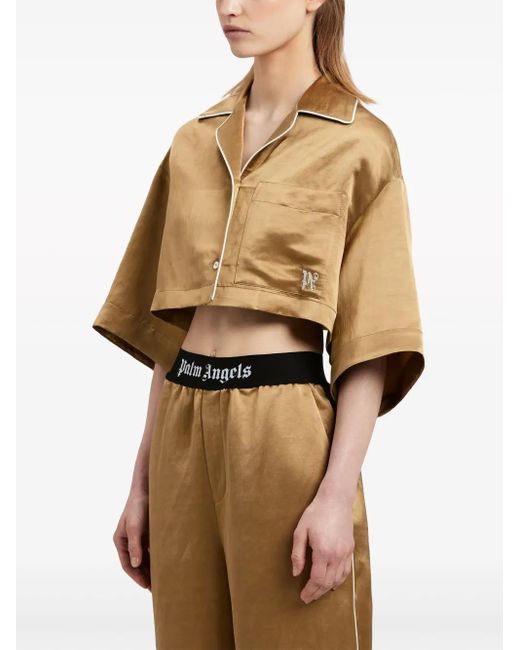 Palm Angels Natural Monogram-Embroidered Satin Cropped Shirt