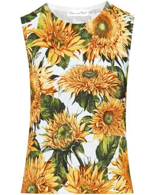 Oscar de la Renta Black Floral-Print Round-Neck Tank Top