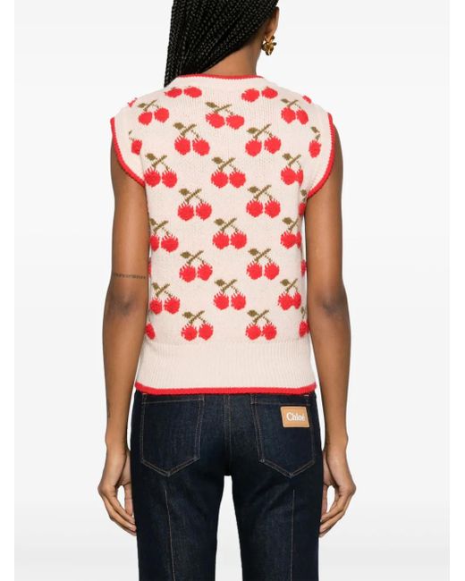 LaDoubleJ Red Cherry Patterned Intarsia-Knit Vest