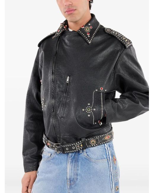 Roberto Cavalli Black Stud-Embellished Leather Biker Jacket for men