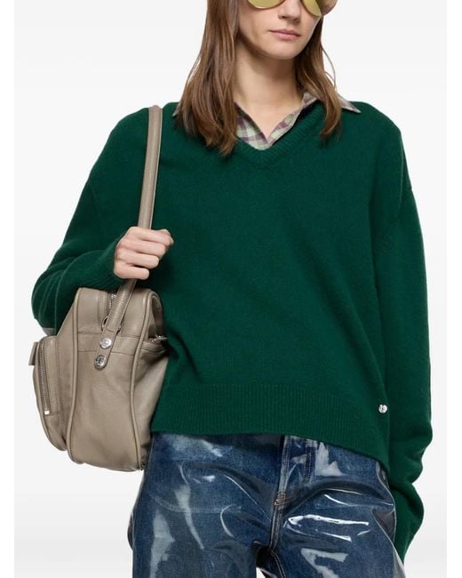 Acne Green V-Neck Leather-Patch Sweater