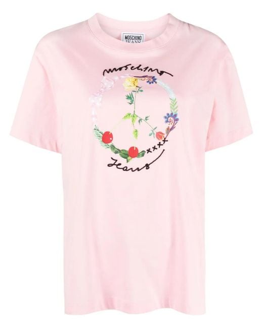 Moschino Pink Logo-Embroidered Cotton T-Shirt