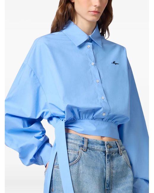 MSGM Blue Cropped Tie-Fastening Shirt