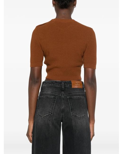 Elisabetta Franchi Brown Logo-Plaque Ribbed Top