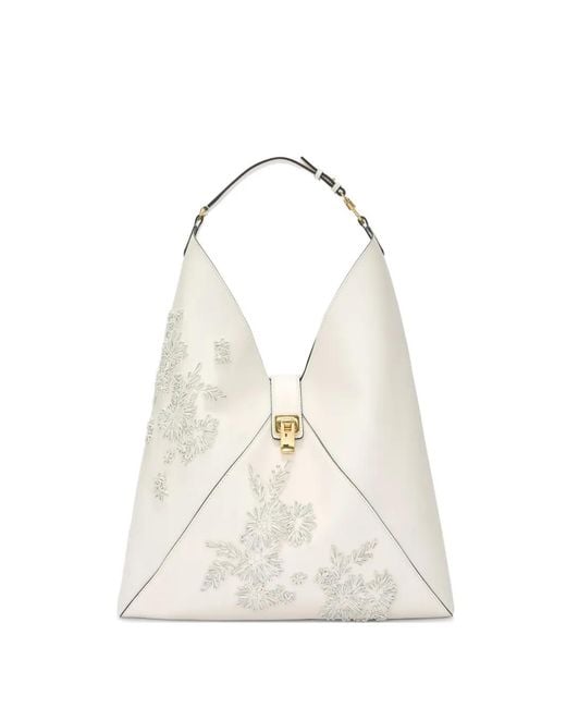 Ermanno Scervino White Large Floral-Embroidered Leather Tote Bag