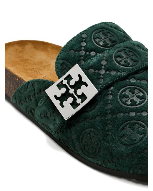 Tory Burch Green Logo-Buckle Flat Mules
