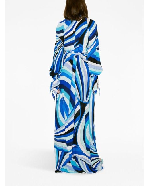 Emilio Pucci Blue Embellished Printed Crepe De Chine Maxi Dress