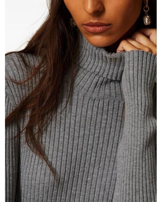 Twinset Gray Ribbed-Knit Roll-Neck Jumper