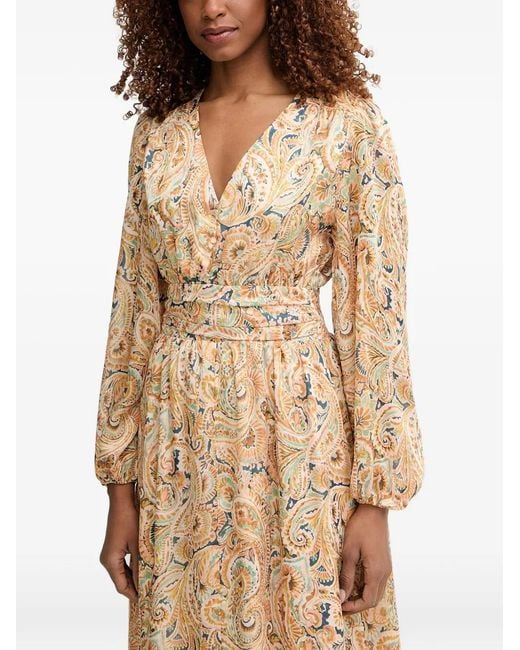 Morgan Natural Paisley-Print V-Neck Midi Dress