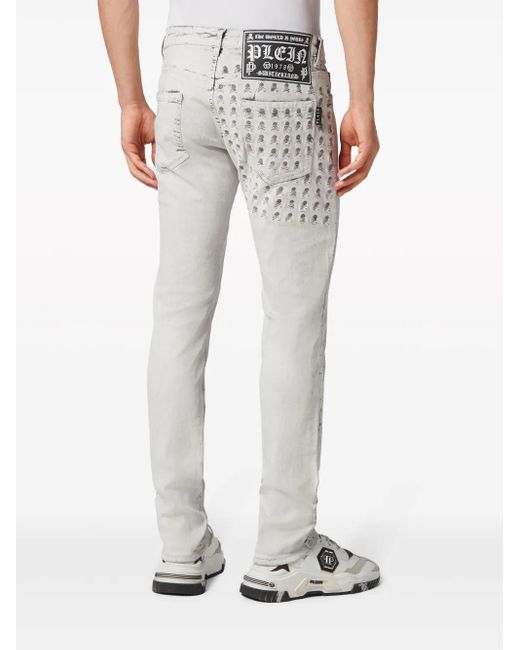 Philipp Plein White Skull-Stamp Washed Skinny Jeans for men