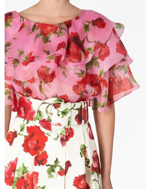 Carolina Herrera Red Floral-Print A-Line Skirt