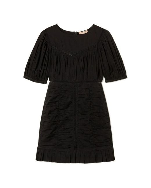 Twinset Black Short Muslin Dress With Gathering