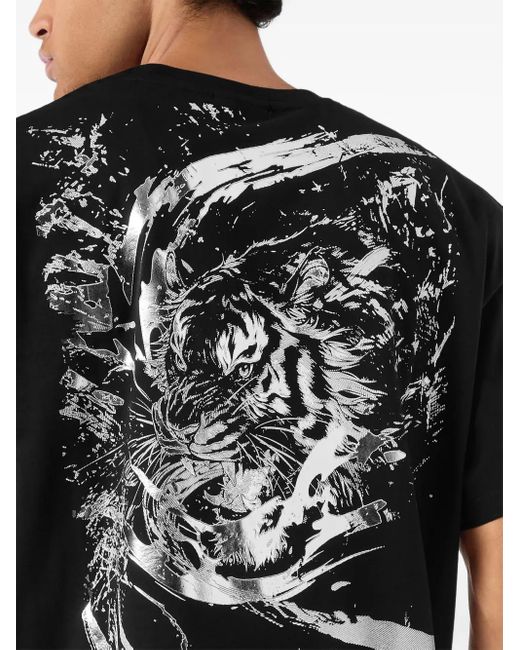 Philipp Plein Black Tiger-Print Cotton T-Shirt for men