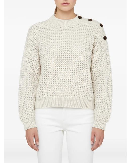 Brunello Cucinelli White Pull En Maille Gaufrée Et Détail De Bouton