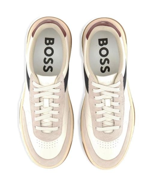 Boss White Stripe Panelled Sneakers for men