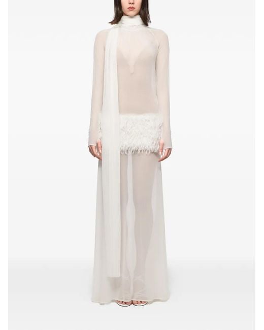 Atu Body Couture White Feather-Trimmed High-Neck Maxi Dress