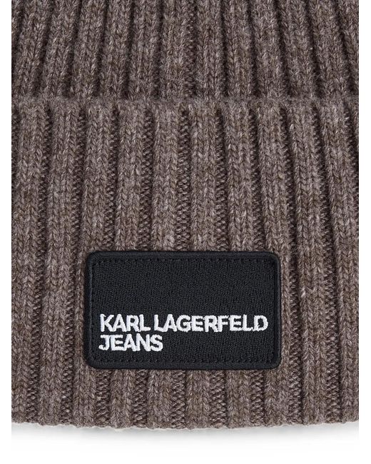 Karl Lagerfeld Brown Logo-Patch Beanie for men