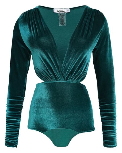 Amir Slama Green V-Neck Velvet Bodysuit