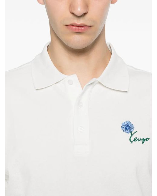 KENZO White Floral-Embroidered Polo Shirt for men