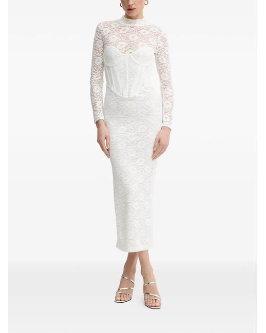 Bardot White Carmen Long-Sleeve Lace Midi Dress