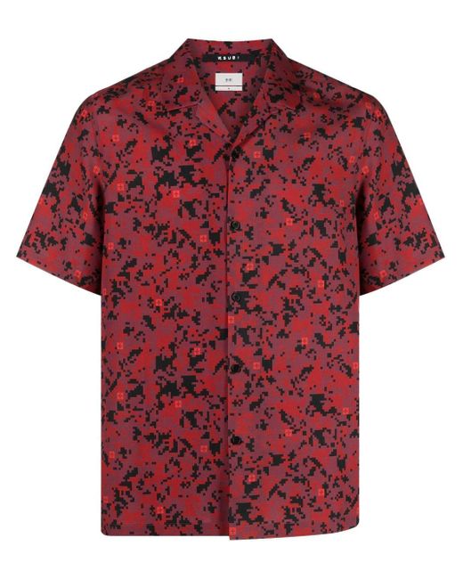 Ksubi Red Cuban-collar Pixelated-print Shirt for men