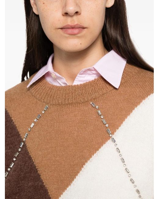 Liu Jo Brown Argyle Crystal-Embellished Sweater