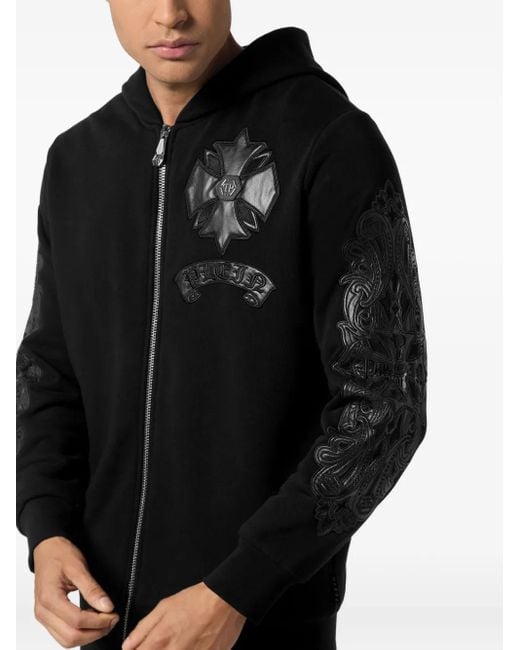 Philipp Plein Black Leather-Insert Crest-Zip Hoodie for men