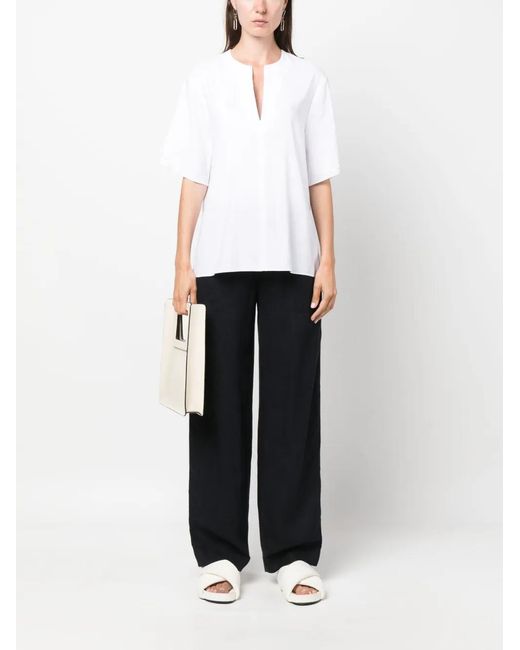 Vince White Split-Neck Short-Sleeved Blouse