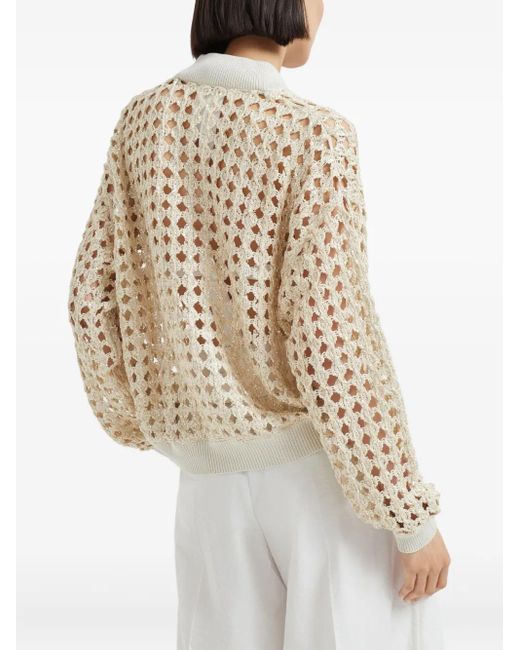 Brunello Cucinelli Natural Crochet-Knit Zip-Up Jacket