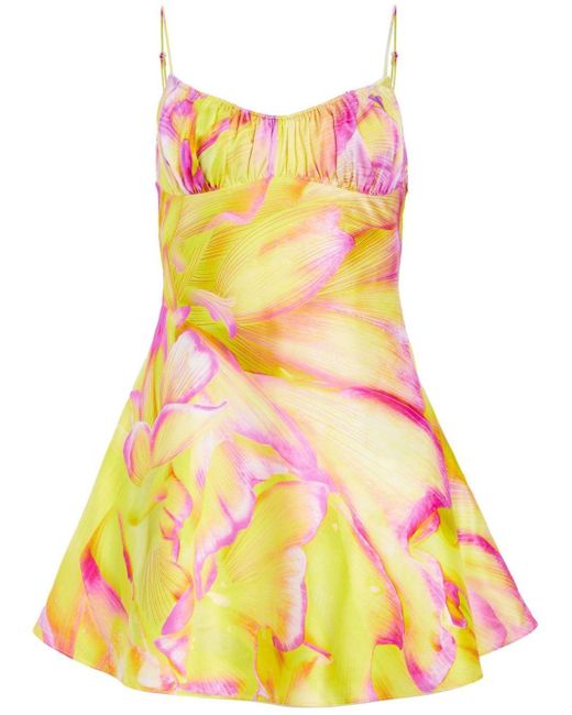 retroféte Yellow Eden Silk Pattern Mini Dress